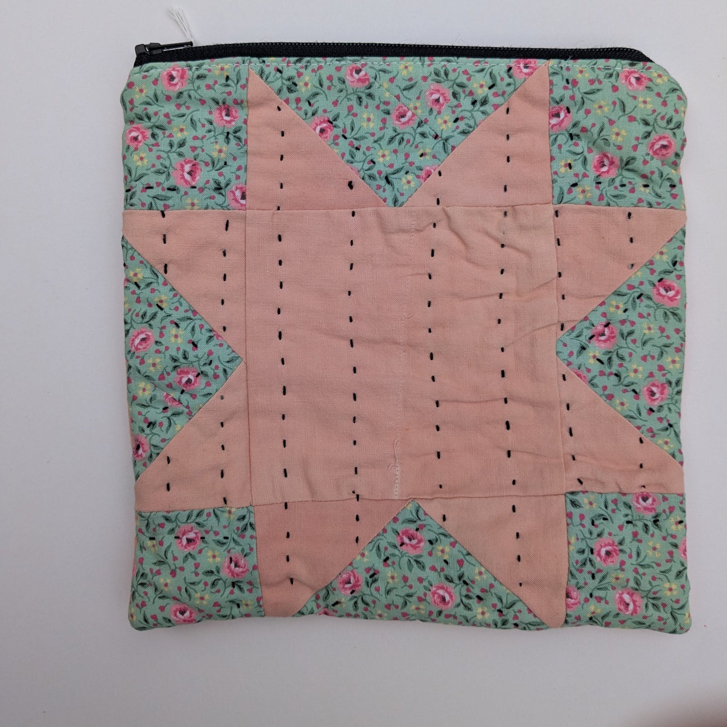 Pink and Blue floral zipper pouch with star